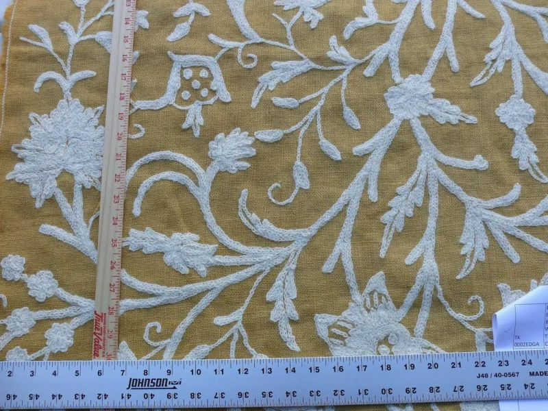 By Yd Old World Weavers Scalamandre Balik Gold Wool Crewel On Jute White on Golden Yellow Hand Made MSRP USD 304/Y