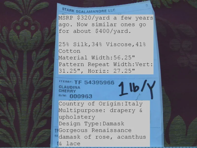 P1030075 By Yard Claudina Cherry Deep Red Gold Scalamandre Renaissance Silk Damask Reversible Italy MSRP USD 320/Y