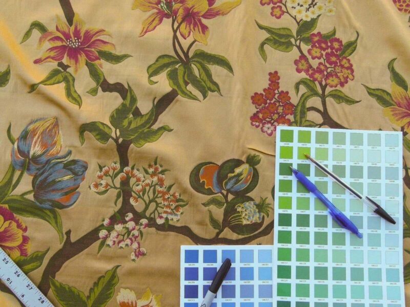 P1030164 Scalamandre Frida Gold On Multi Vibrant Mexican Floral & Fruits Frida Kahlo Old World Weavers Flower Lampas MSRP USD 546/y