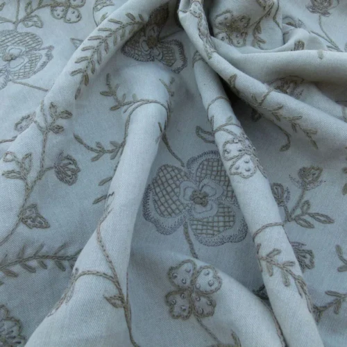 P1030664 Scalamandre Kamala Taupe Embroidery Linen Heavy Grey Natural Old World Weavers Heirloom Hand Made MSRP USD 364/Y
