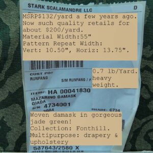 P1040007 Scalamandre Mazarino Damask Giada Green Jade Cotton Fonthill MSRP USD 132 Heavy Fonthill