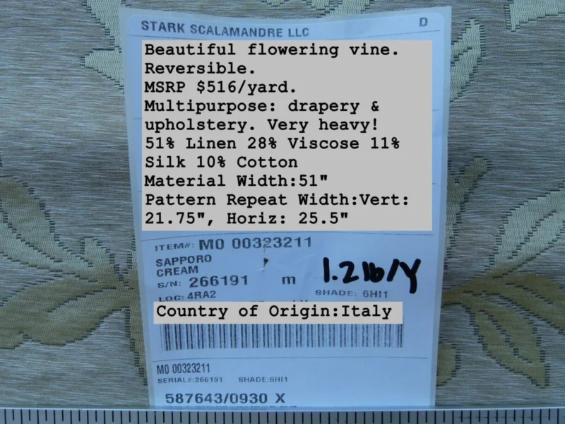 Scalamandre Old World Weavers Romantic Sapporo Cream Fennel Green  Gold Silk Linen Lampas MSRP USD 516/y Superb Weight! Vine