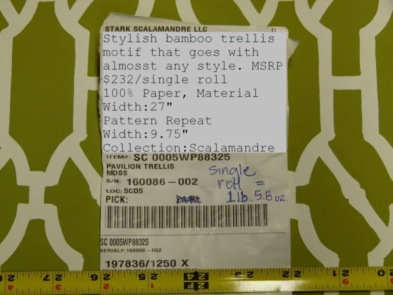 P1040327 Scalamandre "pavilion Trellis Moss Green White Wallpaper MSRP USD 232/single Roll  Old World Weavers