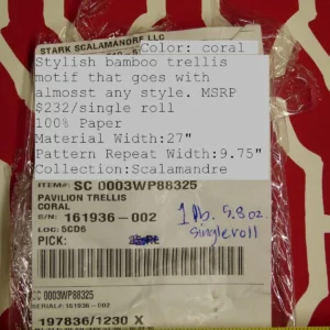 P1040336 Scalamandre "pavilion Trellis Coral Red White Wallpaper MSRP USD 232/single Roll Old World Weavers