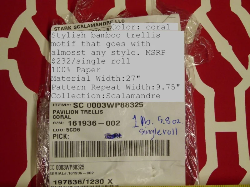 P1040336 Scalamandre "pavilion Trellis Coral Red White Wallpaper MSRP USD 232/single Roll Old World Weavers