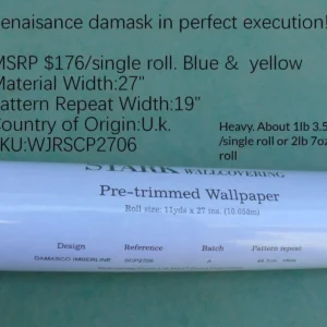 P1650216 High End Wallpaper Damasco Imberline French Blue Damask Stripe Wallpaper Handprinted MSRP USD 176/single Roll  Old World Weavers