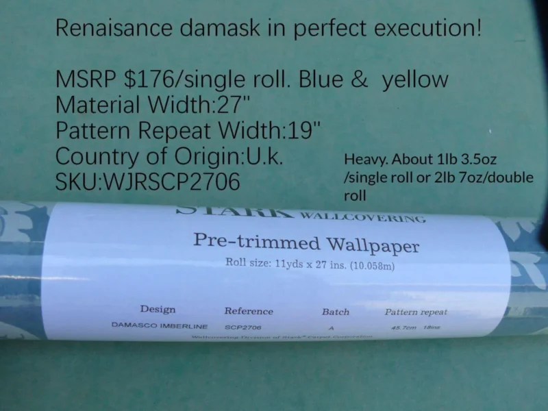 P1650216 High End Wallpaper Damasco Imberline French Blue Damask Stripe Wallpaper Handprinted MSRP USD 176/single Roll  Old World Weavers