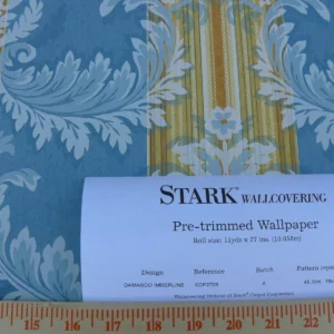 P1650219 High End Wallpaper Damasco Imberline French Blue Damask Stripe Wallpaper Handprinted MSRP USD 176/single Roll  Old World Weavers