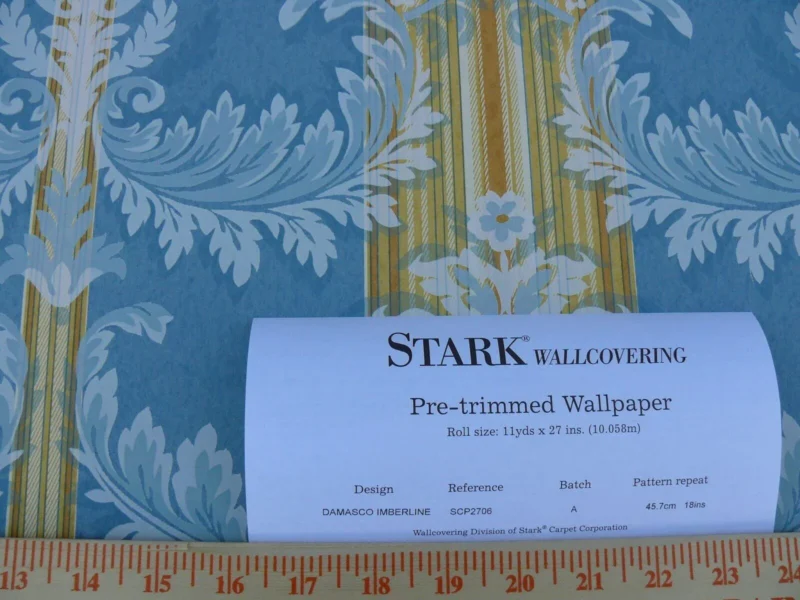 P1650219 High End Wallpaper Damasco Imberline French Blue Damask Stripe Wallpaper Handprinted MSRP USD 176/single Roll  Old World Weavers