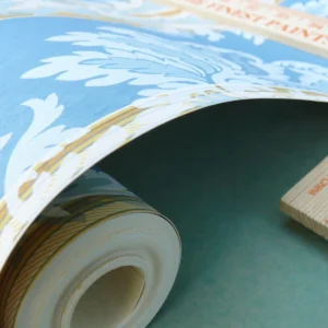 P1650221 High End Wallpaper Damasco Imberline French Blue Damask Stripe Wallpaper Handprinted MSRP USD 176/single Roll  Old World Weavers