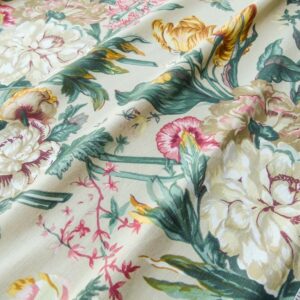Scalamandre Shelton Garden In Oyster Spring Tulip Peony Hyacinths Lilac Flowers Linen Print Grey Watkins MSRP USD 440/yard Old World Weavers