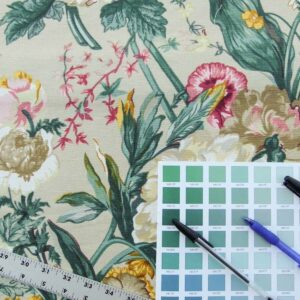 Scalamandre Shelton Garden In Oyster Spring Tulip Peony Hyacinths Lilac Flowers Linen Print Grey Watkins MSRP USD 440/yard Old World Weavers