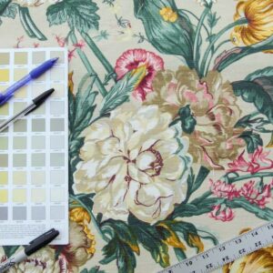 Scalamandre Shelton Garden In Oyster Spring Tulip Peony Hyacinths Lilac Flowers Linen Print Grey Watkins MSRP USD 440/yard Old World Weavers