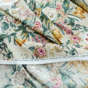 Scalamandre Shelton Garden In Oyster Spring Tulip Peony Hyacinths Lilac Flowers Linen Print Grey Watkins MSRP USD 440/yard Old World Weavers