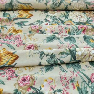 Scalamandre Shelton Garden In Oyster Spring Tulip Peony Hyacinths Lilac Flowers Linen Print Grey Watkins MSRP USD 440/yard Old World Weavers