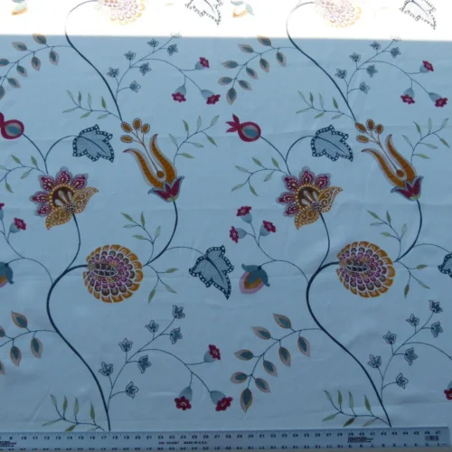 P1030428 1.25y Scalamandre Mangalore Teal Multi Blue Orange Red On White Embroidery Crewel Linen MSRP USD 240/Y Old World Weavers (copy)