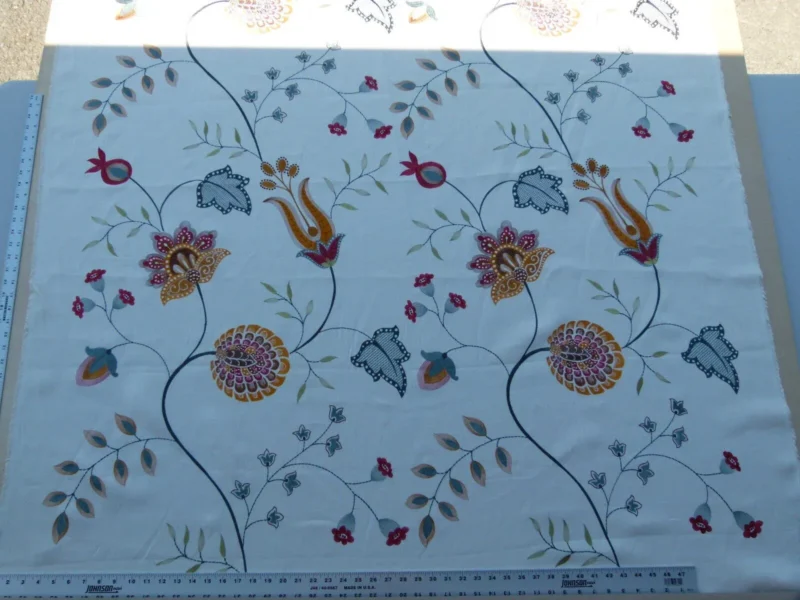 P1030428 1.25y Scalamandre Mangalore Teal Multi Blue Orange Red On White Embroidery Crewel Linen MSRP USD 240/Y Old World Weavers (copy)