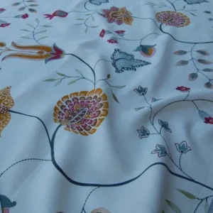 P1030429 1.25y Scalamandre Mangalore Teal Multi Blue Orange Red On White Embroidery Crewel Linen MSRP USD 240/Y Old World Weavers (copy)