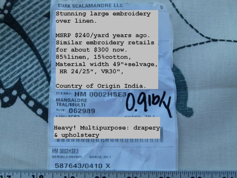 P1030430 1.25y Scalamandre Mangalore Teal Multi Blue Orange Red On White Embroidery Crewel Linen MSRP USD 240/Y Old World Weavers (copy)