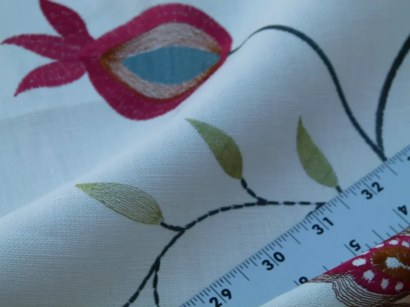 P1030431 1.25y Scalamandre Mangalore Teal Multi Blue Orange Red On White Embroidery Crewel Linen MSRP USD 240/Y Old World Weavers (copy)