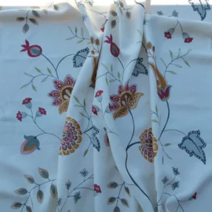 P1030432 1.25y Scalamandre Mangalore Teal Multi Blue Orange Red On White Embroidery Crewel Linen MSRP USD 240/Y Old World Weavers (copy)