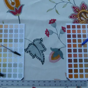 P1030433 1.25y Scalamandre Mangalore Teal Multi Blue Orange Red On White Embroidery Crewel Linen MSRP USD 240/Y Old World Weavers (copy)