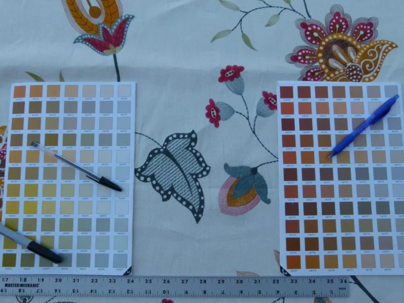 P1030433 1.25y Scalamandre Mangalore Teal Multi Blue Orange Red On White Embroidery Crewel Linen MSRP USD 240/Y Old World Weavers (copy)