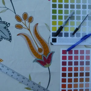 P1030434 1.25y Scalamandre Mangalore Teal Multi Blue Orange Red On White Embroidery Crewel Linen MSRP USD 240/Y Old World Weavers (copy)