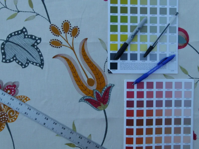 P1030434 1.25y Scalamandre Mangalore Teal Multi Blue Orange Red On White Embroidery Crewel Linen MSRP USD 240/Y Old World Weavers (copy)