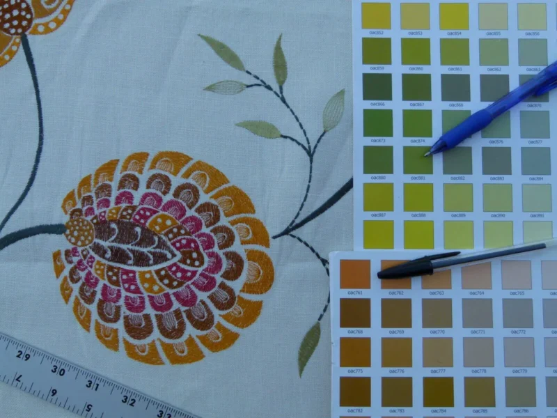 P1030435 1.25y Scalamandre Mangalore Teal Multi Blue Orange Red On White Embroidery Crewel Linen MSRP USD 240/Y Old World Weavers (copy)