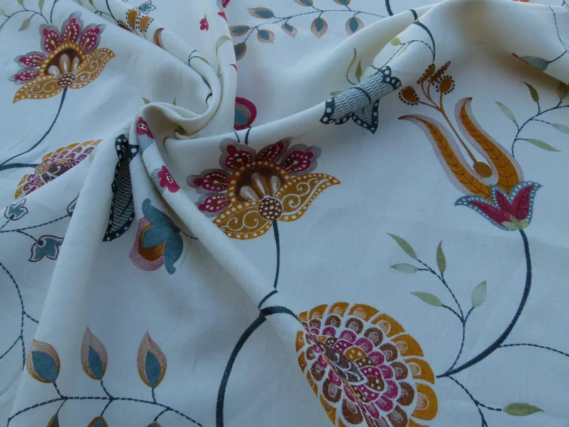 P1030436 1.25y Scalamandre Mangalore Teal Multi Blue Orange Red On White Embroidery Crewel Linen MSRP USD 240/Y Old World Weavers (copy)