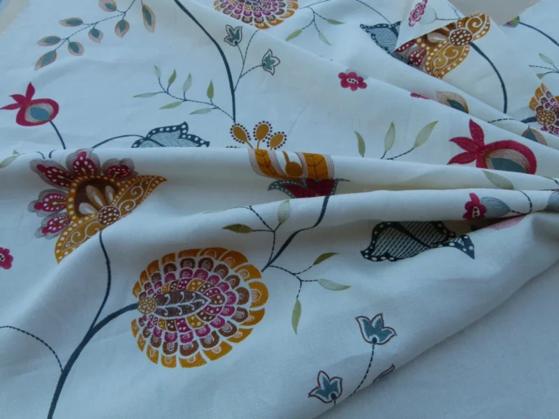 P1030438 1.25y Scalamandre Mangalore Teal Multi Blue Orange Red On White Embroidery Crewel Linen MSRP USD 240/Y Old World Weavers (copy)