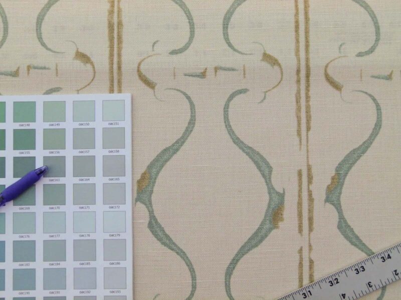 Scalamandre Helena Print Sea Spray Blue on Cream Ikat Ancient Ruins Linen MSRP USD 184/Y  Old World Weavers