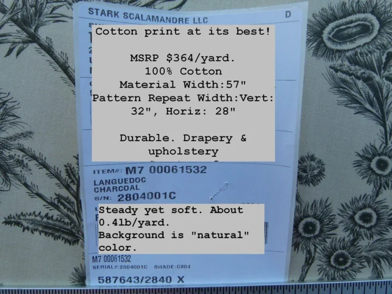 P1030579 By Yd Scalamandre Grey Watkins Languedoc Charcoal Black White Botanic Fern and Thistle Southern France Toile Circa 1790 MSRP USD 364/y