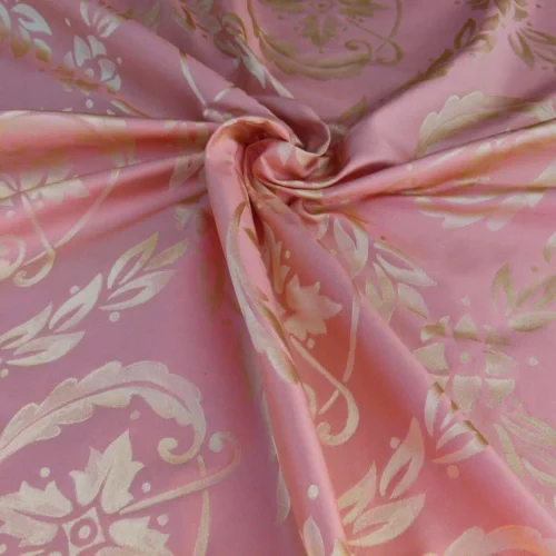 P1030609 Scalamandre Navonna Shrimp Pink Gold Neoclassical Silk Lampas Medallion Crest MSRP USD 444/yard  Old World Weavers