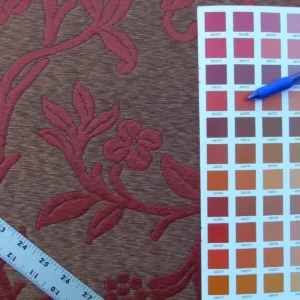 P1030615 Scalamandre Romantic Sapporo Rust Red Gold Silk Linen Lampas MSRP USD 516/y Superb Weight! Vine