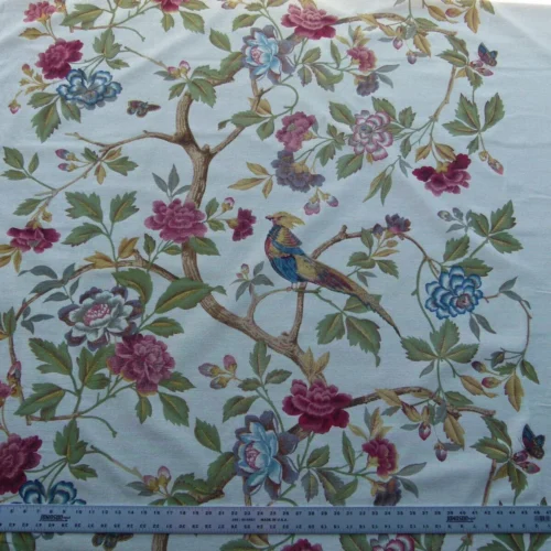 P1030623 Scalamandre Faisan Putty Flower Tree Peony Bird Chinoiserie Chenille Stripe Print MSRP USD 400/yard