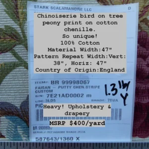 P1030625 Scalamandre Faisan Putty Flower Tree Peony Bird Chinoiserie Chenille Stripe Print MSRP USD 400/yard