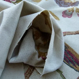 P1030631 Scalamandre Faisan Putty Flower Tree Peony Bird Chinoiserie Chenille Stripe Print MSRP USD 400/yard