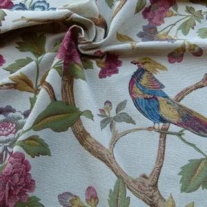 P1030634 Scalamandre Faisan Putty Flower Tree Peony Bird Chinoiserie Chenille Stripe Print MSRP USD 400/yard