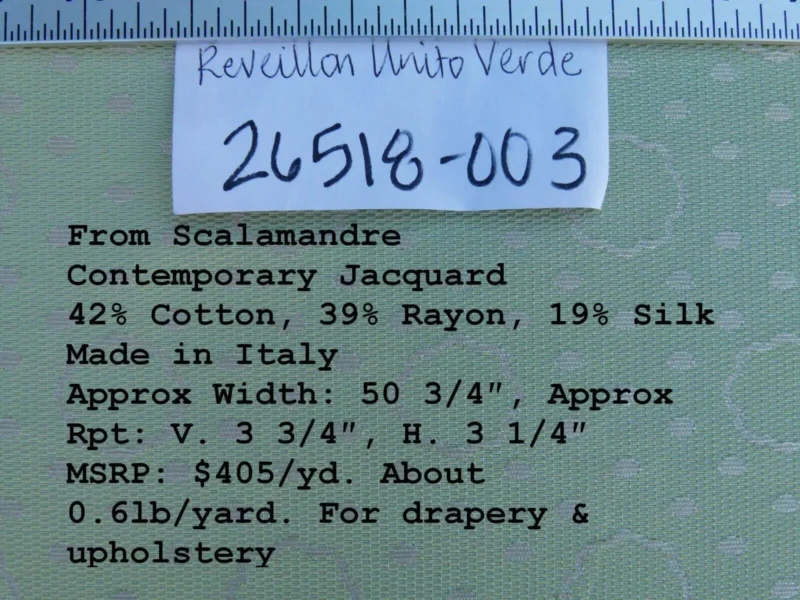 P1040697 By Yard Scalamandre Reveillon Unito Verde Green Silk Jacquard From Italy Colony MSRP USD 405/Y