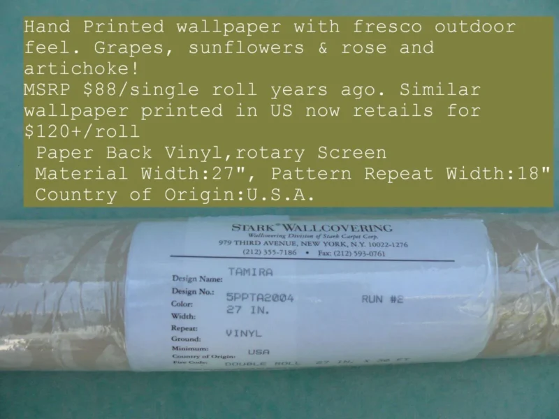 P1650234 High End Wallpaper Scalamandre Tamira Fresco Crewel Sunflower Grapes Rose Artichoke Tan MSRP USD 88/single Roll Old World Weavers
