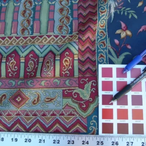 P1040972 Scalamandre Sultanabad Fonthill Black Turkish Print Blue Old World Weavers MSRP USD 204/Y