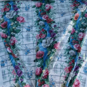 P1050033 By Yard Scalamandre Eugenie Multi On Blue Chintz Tromp D’oeil Satin Sache Rose Garland MSRP USD 288/Yd