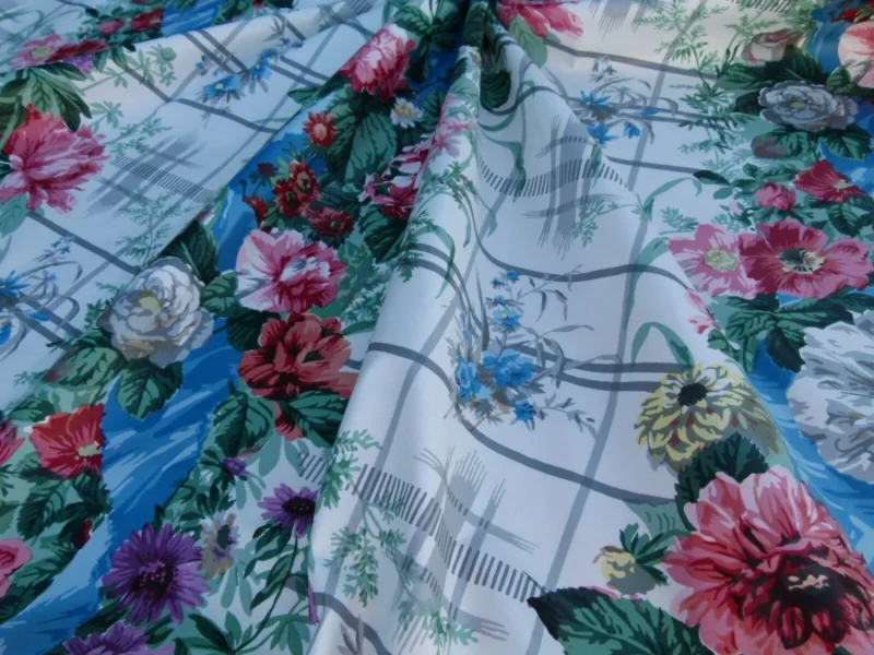 P1050035 By Yard Scalamandre Eugenie Multi On Blue Chintz Tromp D’oeil Satin Sache Rose Garland MSRP USD 288/Yd