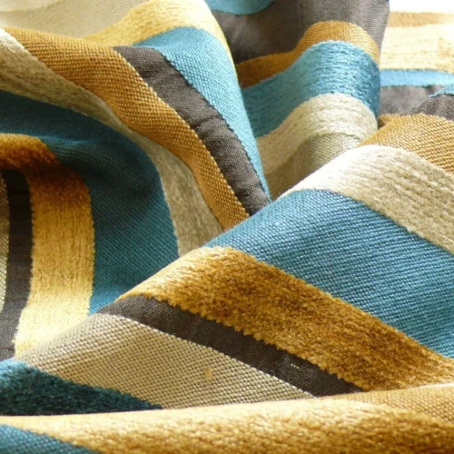 P1300157 Designer Turquoise Blue Gold Black Chenille Horizontal Stripe #404a