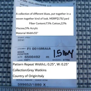 P1050142 1.3Y Scalamandre Maia Grey Watkins Pewter Silver Blue Chenille MSRP USD 178/yard (Defects)