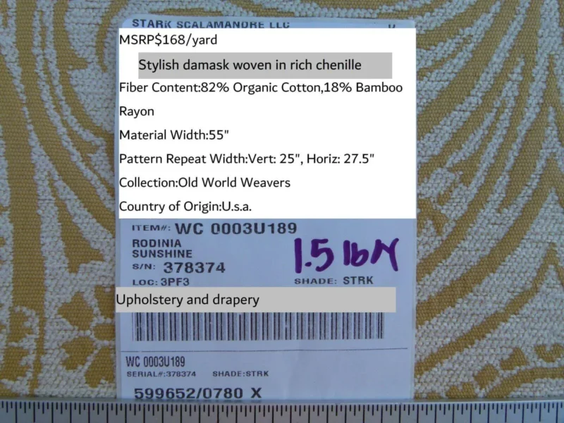 P1050203 Scalamandre Rodinia Sunshine Yellow Gold White Organic Cotton Classic Damask Chenille Old World Weavers MSRP USD 168