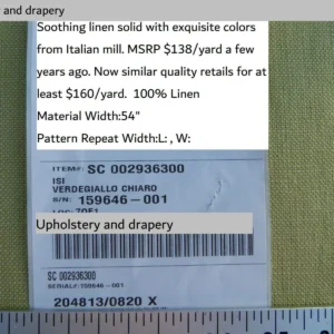 Scalamandre Isi Verdegiallo Chiaro Light Green 100% Linen MSRP USD 138/yd Old World Weavers