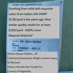 P1050419 Scalamandre Isi Verde  Green 100% Linen MSRP USD 138/yd Old World Weavers